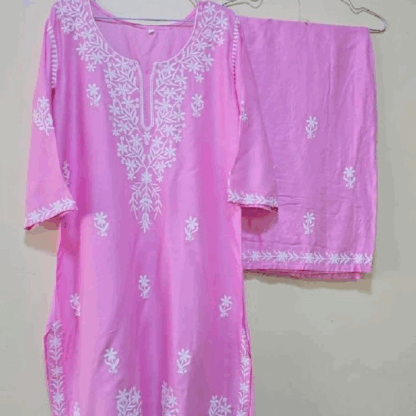 Plain Pink Cord Set Long with white design - Image 2