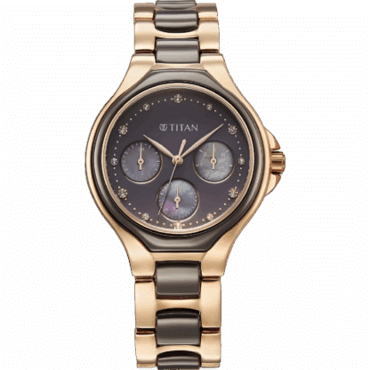 Titan Glamour Quartz Multifunction Grey Dial Two Toned Steel & Ceramic Strap Watch For Women